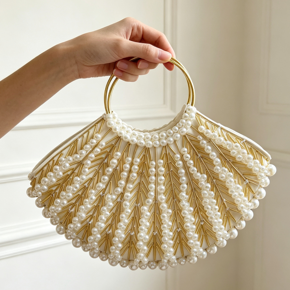 Women Bags Golden - Borsa Vintage Francese con Perle Intrecciate,